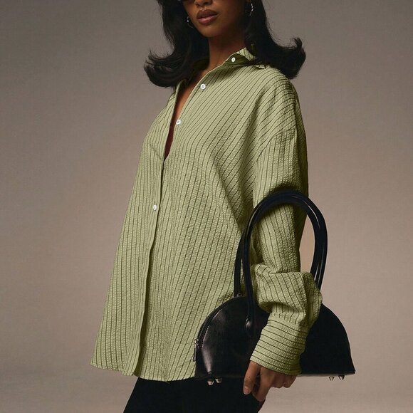 Green Casual Womens Long Sleeve Striped Front Button Blouse - Picture 5 of 5